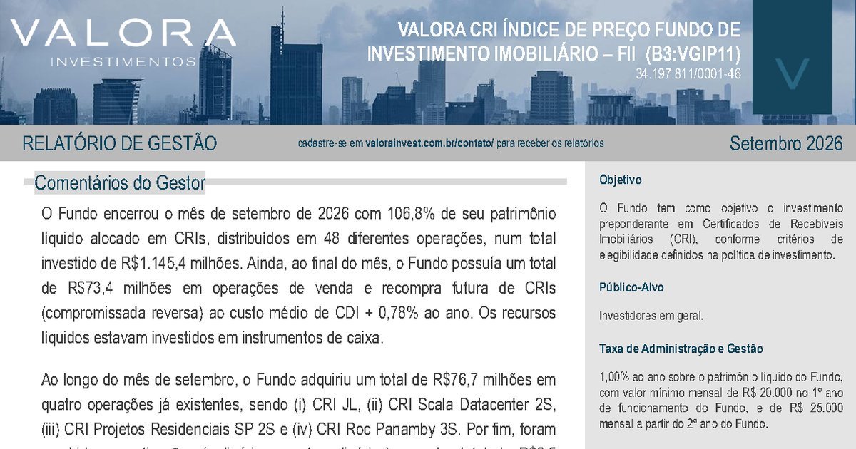 Capa do Relatório Gerencial de 09/2026 do VGIP11 (VALORA CRI ÍNDICE DE PREÇO FUNDO DE INVESTIMENTO IMOBILIÁRIO - FII RESPONSABILIDADE LIMITADA)