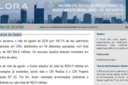 Capa do Relatório Gerencial de 08/2026 do VGIP11 (VALORA CRI ÍNDICE DE PREÇO FUNDO DE INVESTIMENTO IMOBILIÁRIO - FII RESPONSABILIDADE LIMITADA)
