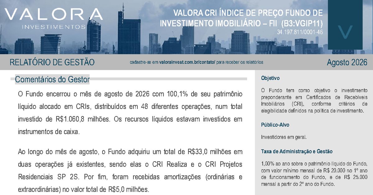 Capa do Relatório Gerencial de 08/2026 do VGIP11 (VALORA CRI ÍNDICE DE PREÇO FUNDO DE INVESTIMENTO IMOBILIÁRIO - FII RESPONSABILIDADE LIMITADA)