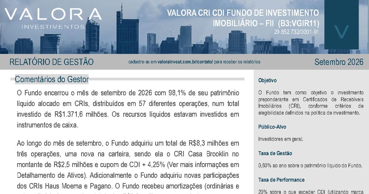 Capa do Relatório Gerencial de 09/2026 do VGIR11 (VALORA CRI CDI FUNDO DE INVESTIMENTO IMOBILIÁRIO - FII RESPONSABILIDADE LIMITADA)