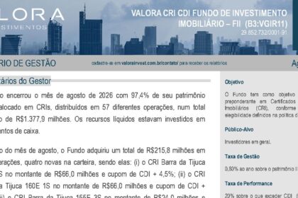 Capa do Relatório Gerencial de 08/2026 do VGIR11 (VALORA CRI CDI FUNDO DE INVESTIMENTO IMOBILIÁRIO - FII RESPONSABILIDADE LIMITADA)
