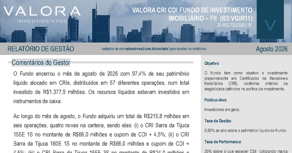 Capa do Relatório Gerencial de 08/2026 do VGIR11 (VALORA CRI CDI FUNDO DE INVESTIMENTO IMOBILIÁRIO - FII RESPONSABILIDADE LIMITADA)