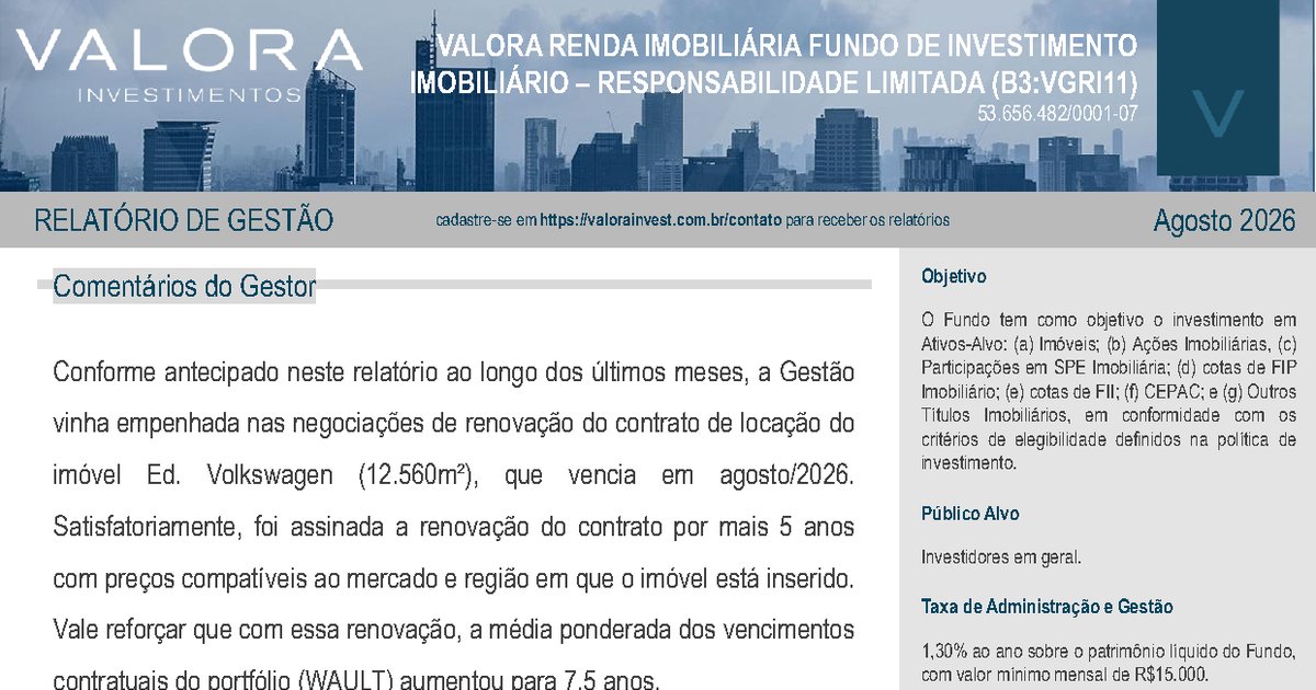Capa do Relatório Gerencial de 08/2026 do VGRI11 (VALORA RENDA IMOBILIÁRIA FUNDO DE INVESTIMENTO IMOBILIÁRIO RESPONSABILIDADE LIMITADA)