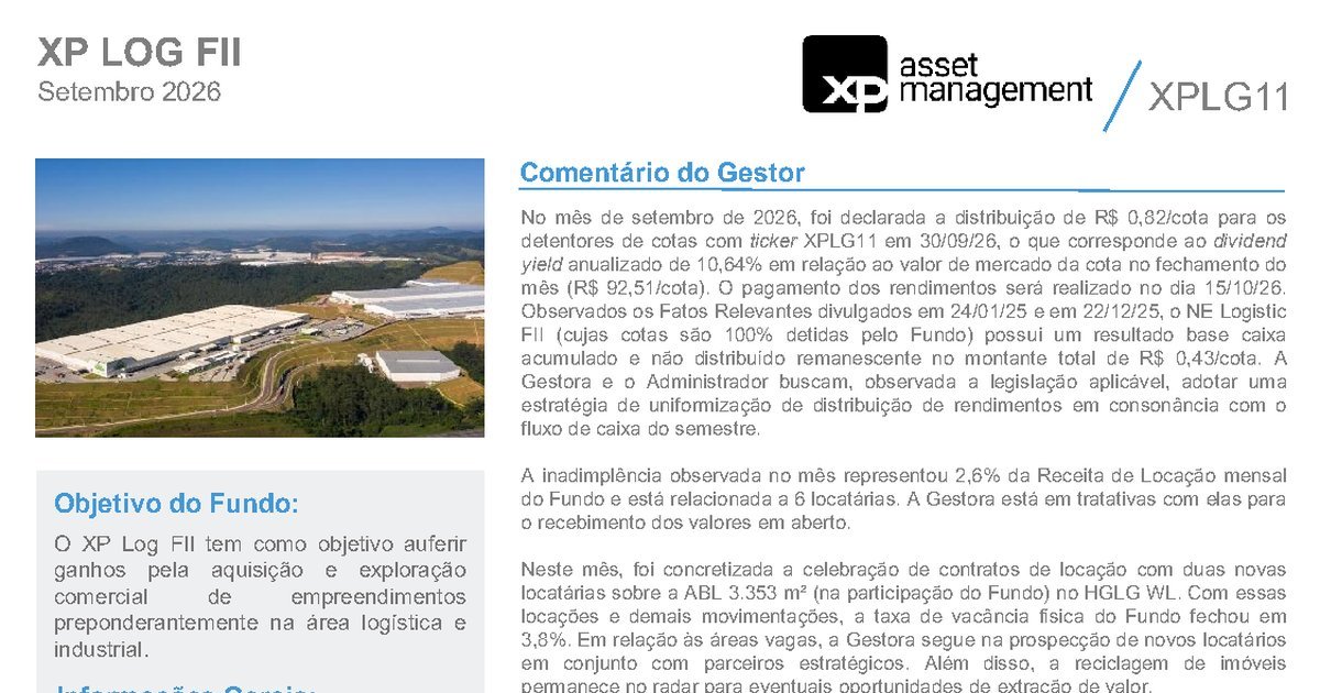 Capa do Relatório Gerencial de 09/2026 do XPLG11 (XP LOG FUNDO DE INVESTIMENTO IMOBILIÁRIO RESPONSABILIDADE LIMITADA - FII)